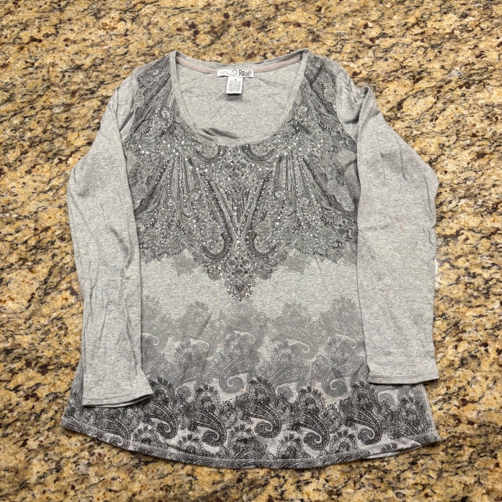 RXB Women Gray Paisley Rhinestone Long Sleeve Cotton Graphic Tee Shirt Small
